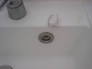 掃除用のキューブ状のスポンジが洗面台にあったので、ムカデの進入路と思われる穴にとりあえず突っ込んでみた。