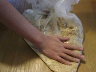 温かいうちに袋に移して大豆を潰す：手作り味噌をつくる